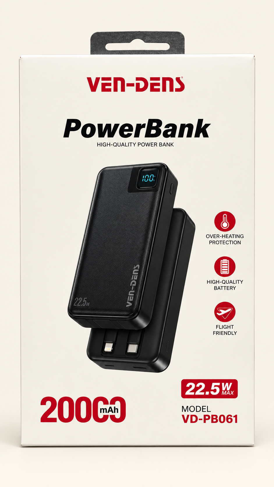 Ven Dens VD-PB061 Black 20000mAh 22.5W Power Bank with LED light with Built-In Cables